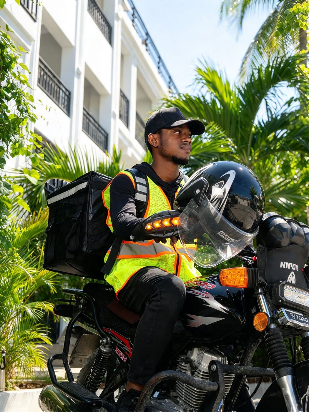 Agent de livraison de SAMS Hotel à moto, devant l'hôtel
